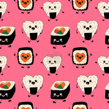 Téléchargez les illustrations : Modèle sans couture avec Sushi Love concept Mignon heureux sushi souriant drôle, rouleau avec des yeux kawaii. Vecteur dans le style de dessin animé. - en licence libre de droit