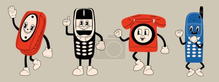Ilustración de Set de tres teléfonos antiguos con antena, Flip Phone. Lindo personaje de dibujos animados con manos, piernas, ojos. Estilo cómic retro. - Imagen libre de derechos
