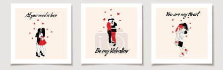 Ilustración de Conjunto de tarjetas de San Valentín con pareja gay enamorada, pareja lesbiana enamorada, pareja niño y chica enamorada. Concepto de amor y educación. Ilustración vectorial - Imagen libre de derechos