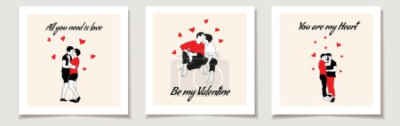 Conjunto de tarjeta de San Valentín con personajes masculinos mirándose entre sí. Pareja gay enamorada. Concepto ternura y pasión. Relación romántica LGBT
