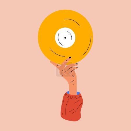 Illustration for Hand holds an old vinyl record in her hands .Retro fashion style from 80s. Vector illustrations in trendy colors. - Royalty Free Image