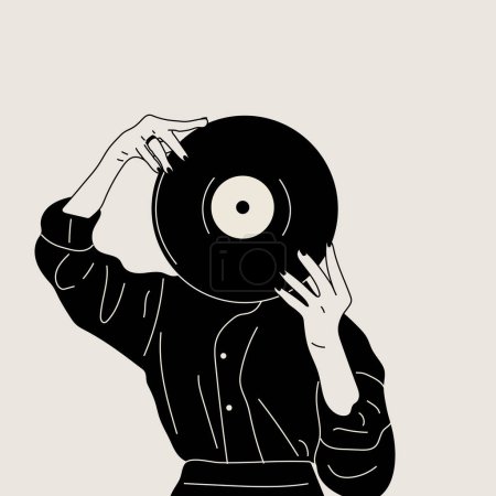 Illustration for Girl holds an old vinyl record in her hands .Retro fashion style from 80s. Vector illustrations in black and white colors. - Royalty Free Image