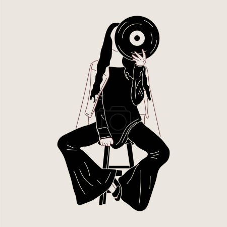 Illustration for Girl holds an old vinyl record in her hands .Retro fashion style from 80s. Vector illustrations in black and white colors. - Royalty Free Image