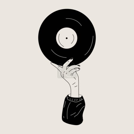 Illustration for Hand holds an old vinyl record in her hands .Retro fashion style from 80s. Vector illustrations in black and white colors. - Royalty Free Image