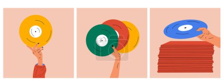Illustration for Set of three illustrations Hand holds an old vinyl record in her hands .Retro fashion style from 80s. Vector illustrations in trendy colors. - Royalty Free Image
