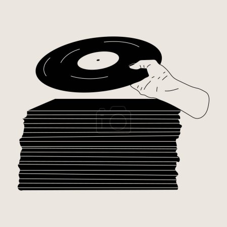 Illustration for Hand holds an old vinyl record in her hands .Retro fashion style from 80s. Vector illustrations in black and white colors - Royalty Free Image