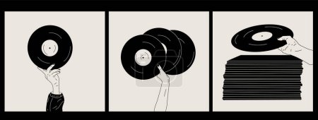 Illustration for Set of three Hand holds an old vinyl record in her hands .Retro fashion style from 80s. Vector illustrations in black and white colors - Royalty Free Image