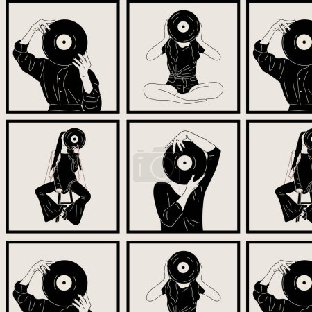 Illustration for Square seamless Pattern, wallpaper. Girl holds an old vinyl record in her hands .Retro fashion style from 80s. Vector illustrations in black and white colors. - Royalty Free Image