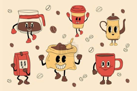 Téléchargez les illustrations : Retro set coffee 30s cartoon mascot character -. 40s, 50s, 60s old animation style. Hand drawn modern Vector illustration . Isolated coffee element - en licence libre de droit