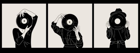 Illustration for Set of three Girls holds an old vinyl record in her hands .Retro fashion style from 80s. Vector illustrations in black and white colors. - Royalty Free Image