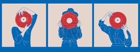 Illustration for Girl holds an old vinyl record in her hands .Retro fashion style from 80s.Set of three blue and red Hand drawn Vector illustrations. Poster, print, logo templates - Royalty Free Image