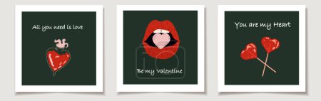 Set Valentinstagskarten mit drei niedlichen Vektor-Liebesaufklebern auf dunklem Hintergrund: Lutscher, Lippen, Gift. Liebe, Valentinstag.