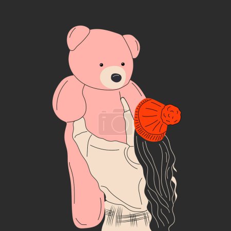 Téléchargez les illustrations : Pretty woman hug a giant teddy bear doll. Fashion girl illustration on dark background .Love, Valentine's Day. - en licence libre de droit