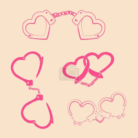 Set of Heart shaped handcuffs silhouette icon. Clipart image isolated on background