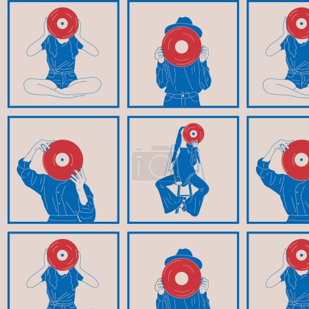 Illustration for Square seamless Pattern, wallpaper. Girl holds an old vinyl record in her hands .Retro fashion style from 80s.Set of three blue and red - Royalty Free Image