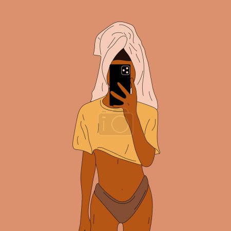 Ilustración de Beautiful young woman taking selfie in pajamas and turban. Hand drawn vector illustration. Cartoon style. - Imagen libre de derechos