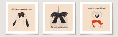 Téléchargez les illustrations : Set of Valentine's day cards with Set of three vector illustration of two hands tied to a rope. Love, Valentine's Day. - en licence libre de droit