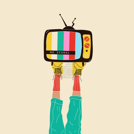 Illustration for Girl holds an old tv on her legs .Retro fashion style from 80s. Vector illustrations in trendy colors. - Royalty Free Image