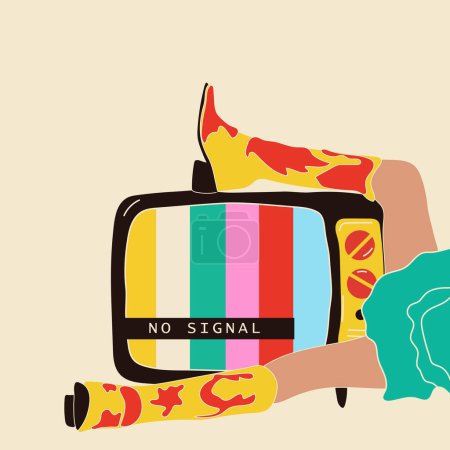 Illustration for Girl holds an old tv in her legs .Retro fashion style from 80s. Vector illustrations in trendy colors. - Royalty Free Image
