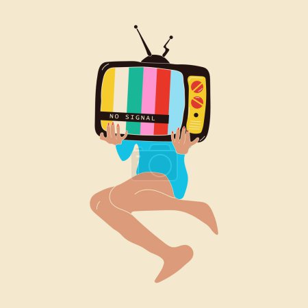 Illustration for Girl holds an old tv in her hands .Retro fashion style from 80s. Vector illustrations in trendy colors. - Royalty Free Image