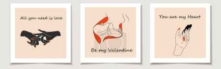Téléchargez les illustrations : Set of Valentine's day cards Set of three Sexual gesture - Hand, finger simulating and lips intercourse and sex. Love, Valentine's Day. - en licence libre de droit
