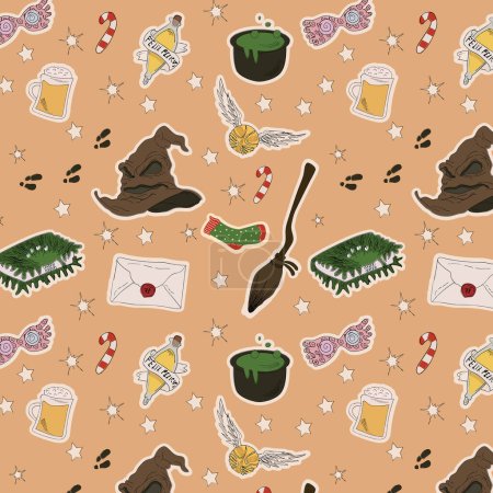 Illustration for Seamless Pattern with Stickers with magic items. Hat, broom, snitch, potion, cauldron, butterbeer, monster book. - Royalty Free Image