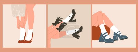 Téléchargez les illustrations : Set of three Female legs in stylish shoes with heels and lace socks in retro style. Fashion and style, clothing and accessories. Footwear. - en licence libre de droit
