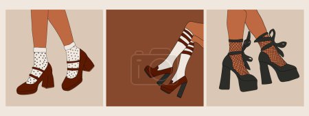 Téléchargez les illustrations : Set of Female legs in stylish shoes with heels and lace socks. Fashion and style, clothing and accessories. Footwear. Vector illustration for a postcard or a poster, print for clothes. Vintage and ret - en licence libre de droit