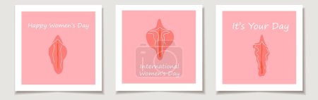 Illustration for International Women's Day. A set of greeting cards with with different type of female labia. Illustrator a vagina. Vector - Royalty Free Image