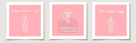 Illustration for International Women's Day. A set of greeting cards with with different type of female labia. Illustrator a vagina. Vector - Royalty Free Image
