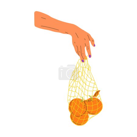 Hand hold eco bag. People bring own bag for grocery. Reusable plastic free pack with food. Zero waste products for shopping vector concept. Eco bag shopper, organic green ecological illustration