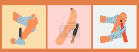 Dreiteilige Illustration einer Frau, die Peeling-Füße für ihre Füße im Schönheitssalon hat