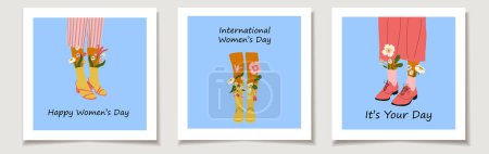 Ilustración de International Women's Day. A set of greeting cards with  Female legs in boots. Cool footwear with flowers. High socks . Hand drawn vector colored trendy fashion illustration. - Imagen libre de derechos