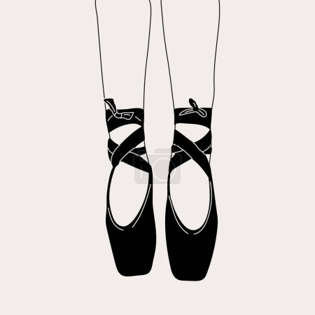 Illustration for Pointe shoes, sketch hand drawn illustration. Ballerina on the pink pointes in monochrome style. Artist or woman in the ballet studio. - Royalty Free Image