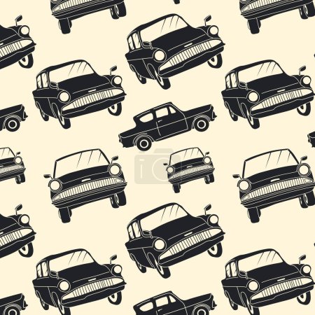 Seamless pattern with Magical flying car in monochrome style. Hand drawn vector illustration.