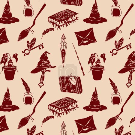 Handgezeichnete nahtlose Muster kritzeln magische Dinge aus einer Zauberschule. Vektor Hintergrund, Tapete, Hintergrund