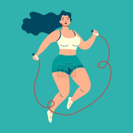 Illustration for Beautiful young woman jumping with skipping rope. Bright flat workout sport illustration - Royalty Free Image