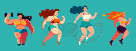 Illustration for Set of four Beautiful young women involved in sports. Bright flat workout sport illustration - Royalty Free Image