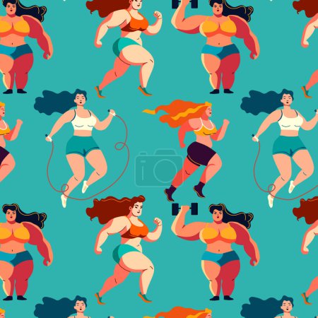 Illustration for Seamless pattern with Beautiful young women involved in sports. Bright flat workout sport illustration - Royalty Free Image