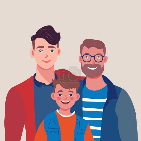 Téléchargez les illustrations : Couple gay mâle adoptant bébé. Deux jeunes hommes heureux et illustration vectorielle plate enfant. Famille LGBT, parentalité, concept de garde d'enfants - en licence libre de droit