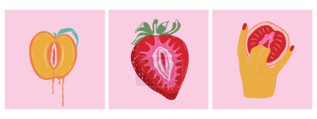 Illustration for Set of three Sexual hand gesture and  Fruit with outlines female labia. Illustrator a vagina. Vector. Love and education concept. - Royalty Free Image