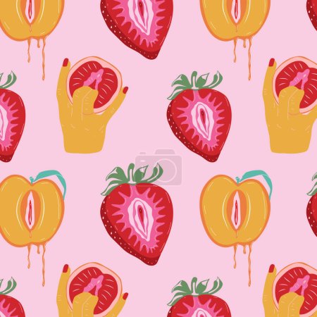 Illustration for Seamless pattern with  Sexual hand gesture and  Fruit with outlines female labia. Illustrator a vagina. Vector. Love and education concept. - Royalty Free Image