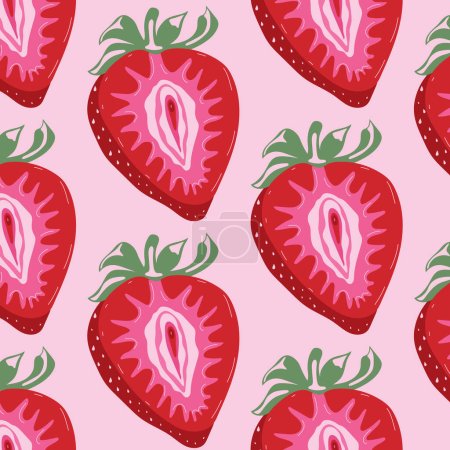 Illustration for Seamless pattern with Fruit strawberry with outlines female labia. Illustrator a vagina. Vector - Royalty Free Image