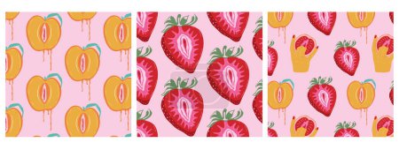 Illustration for Set of three Seamless pattern with Fruit strawberry with outlines female labia. Illustrator a vagina. Vector - Royalty Free Image