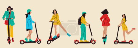 Set of Young female characters with backpack ride modern urban transport electric kick scooter. Active hipster adult millennial uses lifestyle ecology technologies.