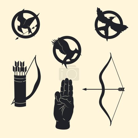 Ensemble de signes Oiseaux Mockingjay, Arc et flèche, Trois doigts, langage de la main. Illustration vectorielle.