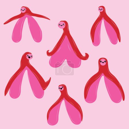 Illustration for Set of Reproductive system of the clitoris with kawaii eyes. Clitoral glans.Feminism theme and female genital organs. Vector in cartoon style. - Royalty Free Image