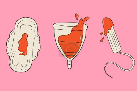 Illustration for Set of three Zero waste menstrual cup, Gasket with blood and tampon with spot of blood. Protection for women in critical days. Vector - Royalty Free Image