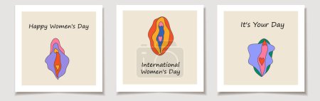 Ilustración de International Women's Day. A set of greeting cards with with different type of female labia. Illustrator a vagina. Vector - Imagen libre de derechos