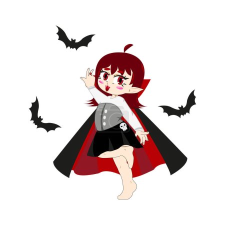 Cute vampire anime girl. Cartoon halloween icon, nice lady in vampire costume isolated on white. Vector illustration design